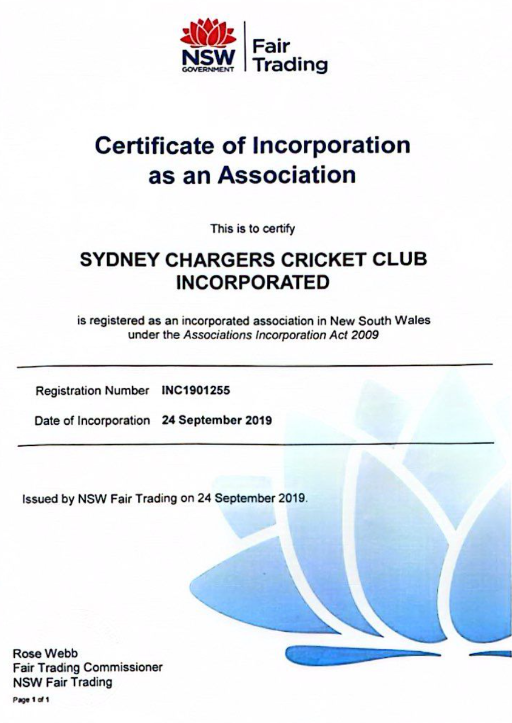 NSW Fair Trading Certificate of Incorporation for Sydney Chargers Cricket Club Incorporated